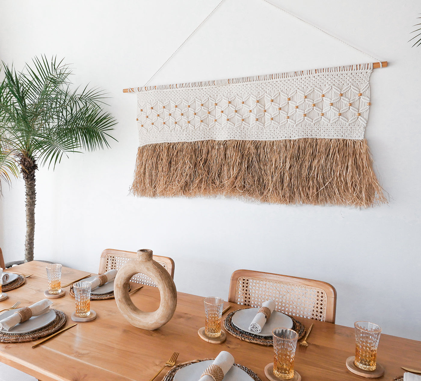 Large raffia and macrame wall decor