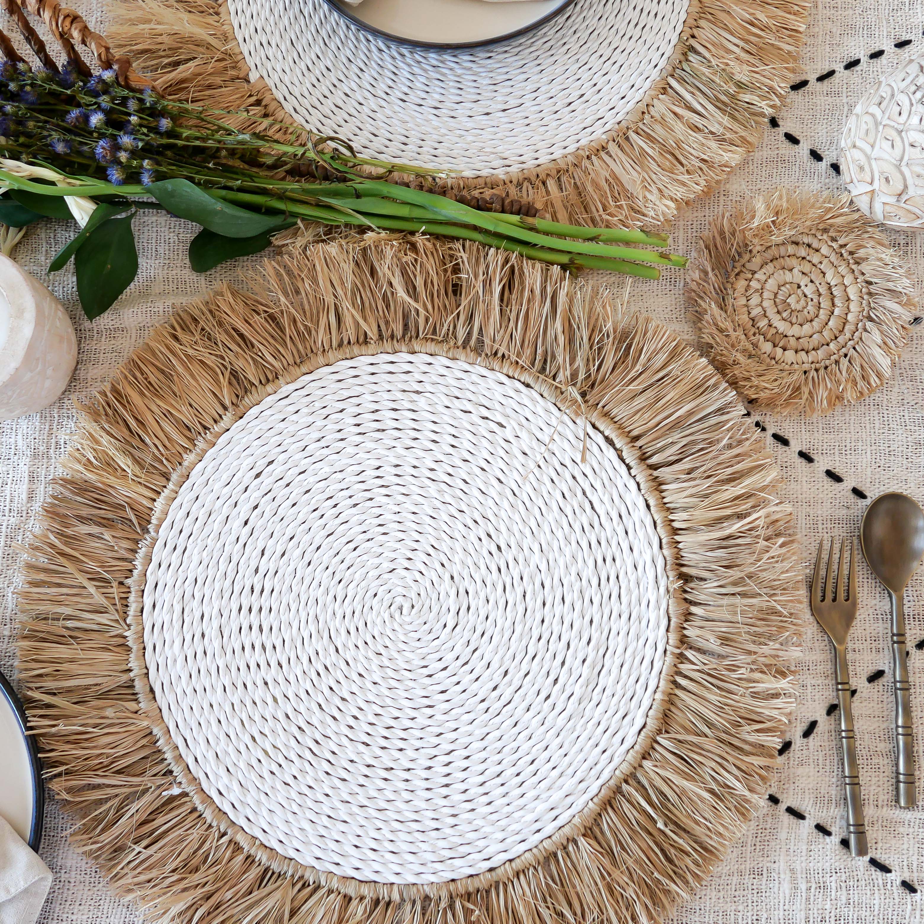 Raffia fringed placemat 002 - white