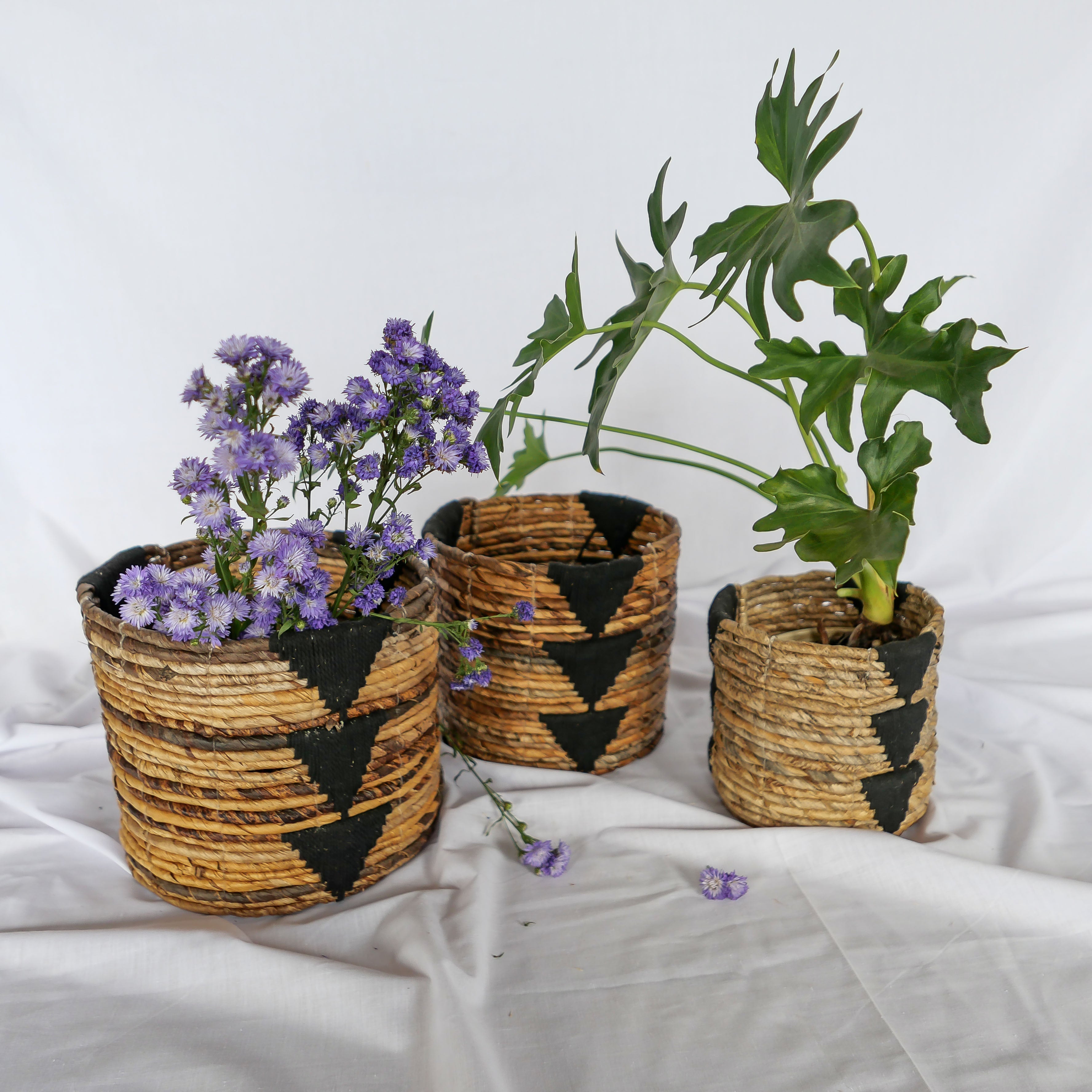 Banana Bark And Black Macrame Basket Set - Basket Set | Joglo Living