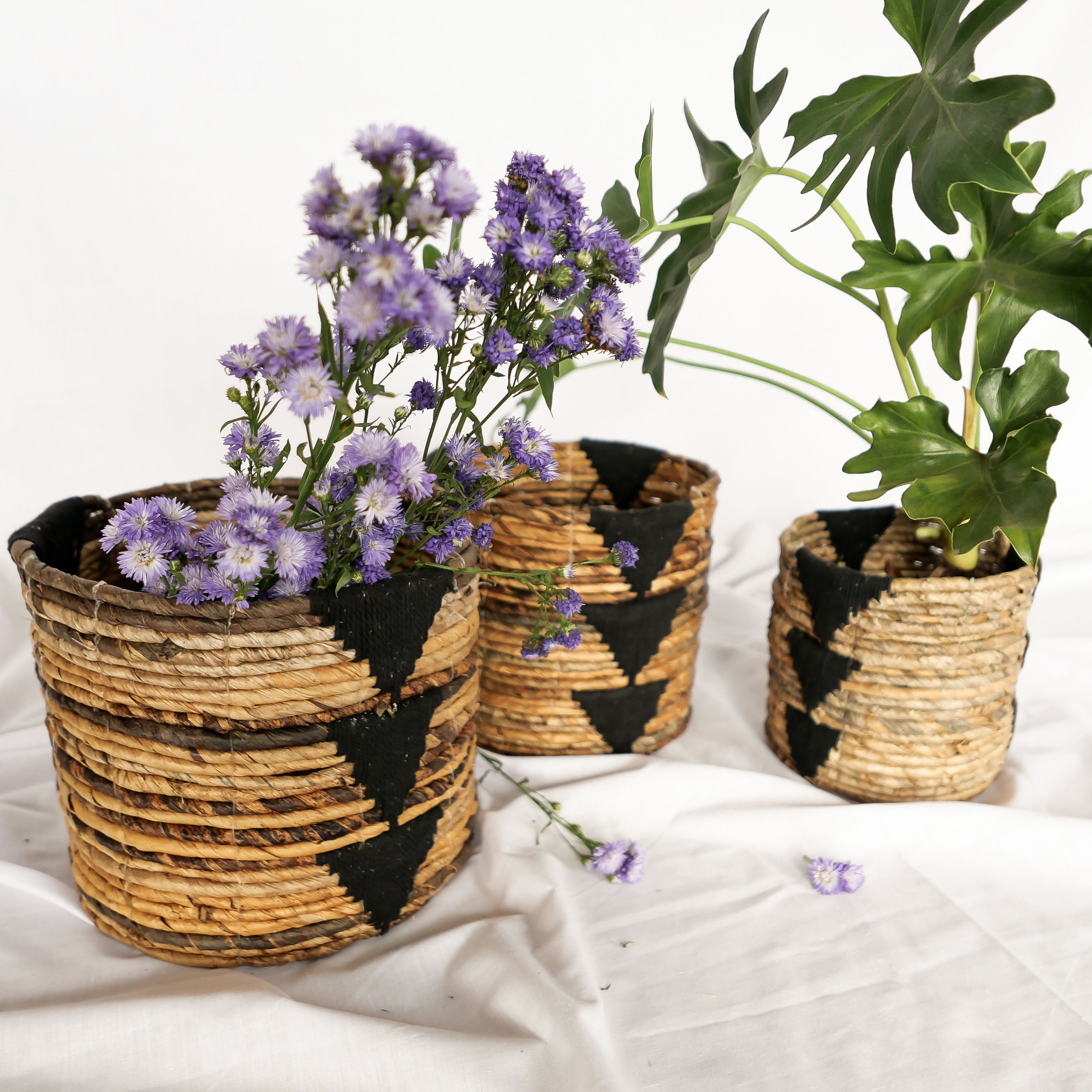 Banana Bark And Black Macrame Basket Set - Basket Set | Joglo Living