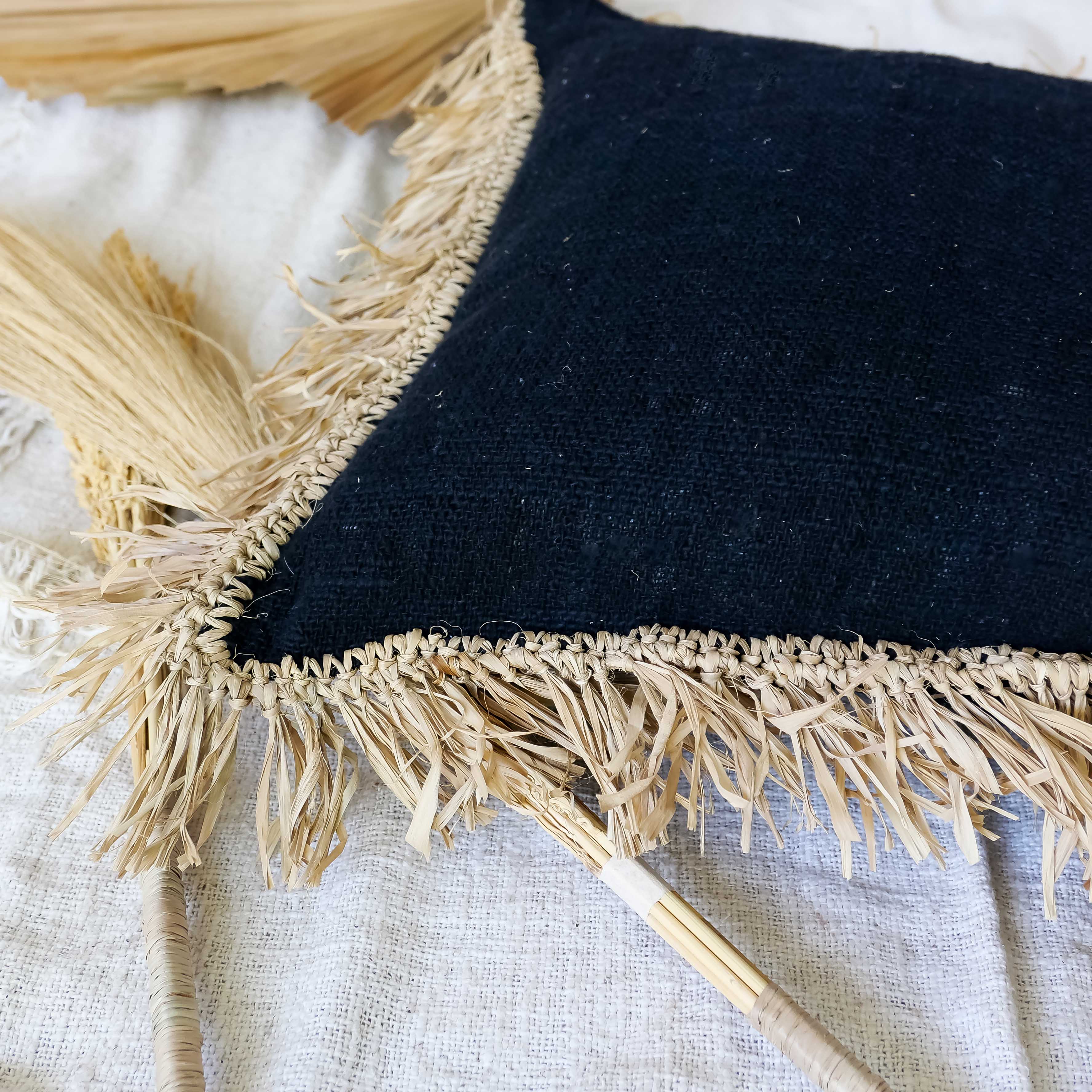 Konde black - organic cotton and raffia pillow cover - Joglo Living