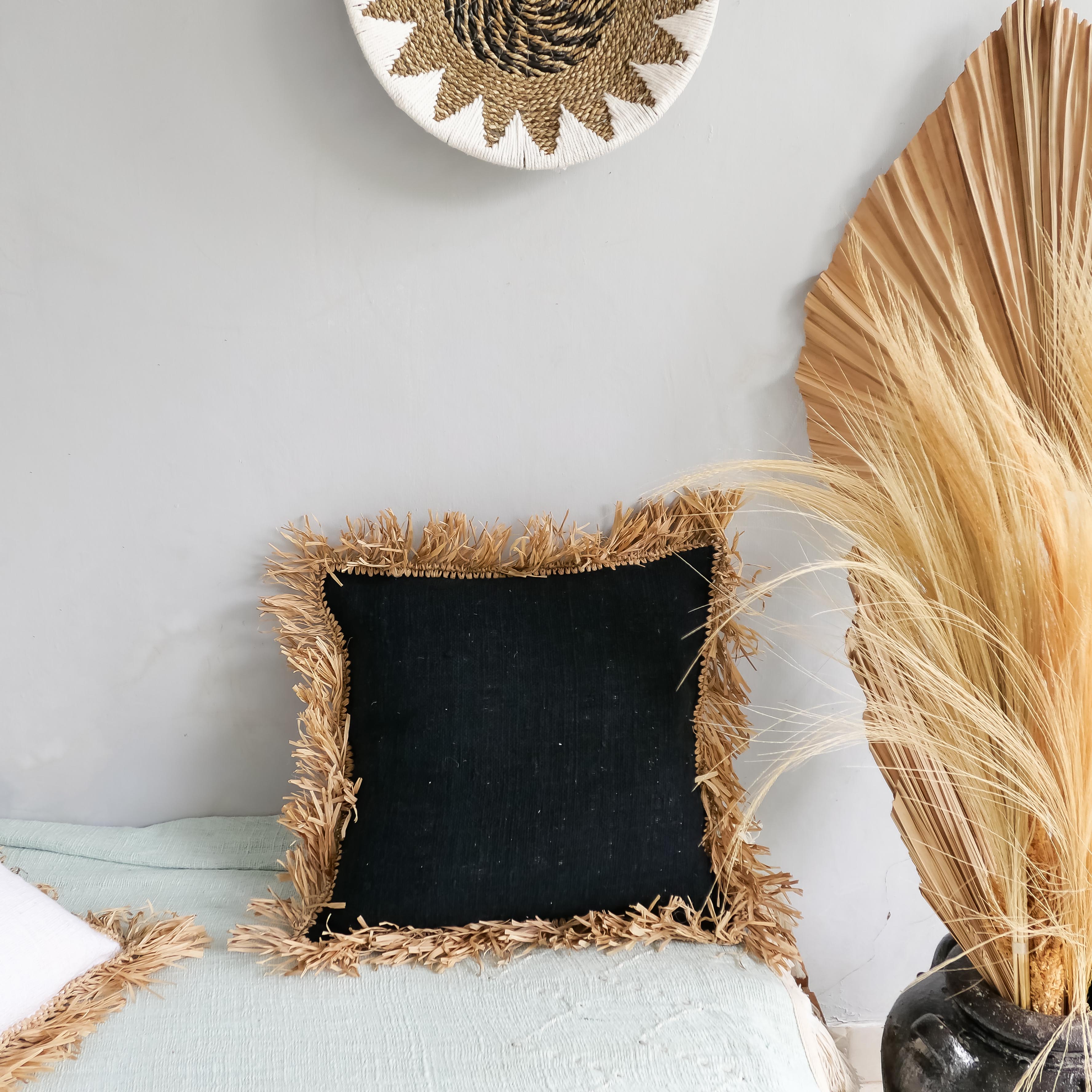 Konde black - organic cotton and raffia pillow cover - Joglo Living