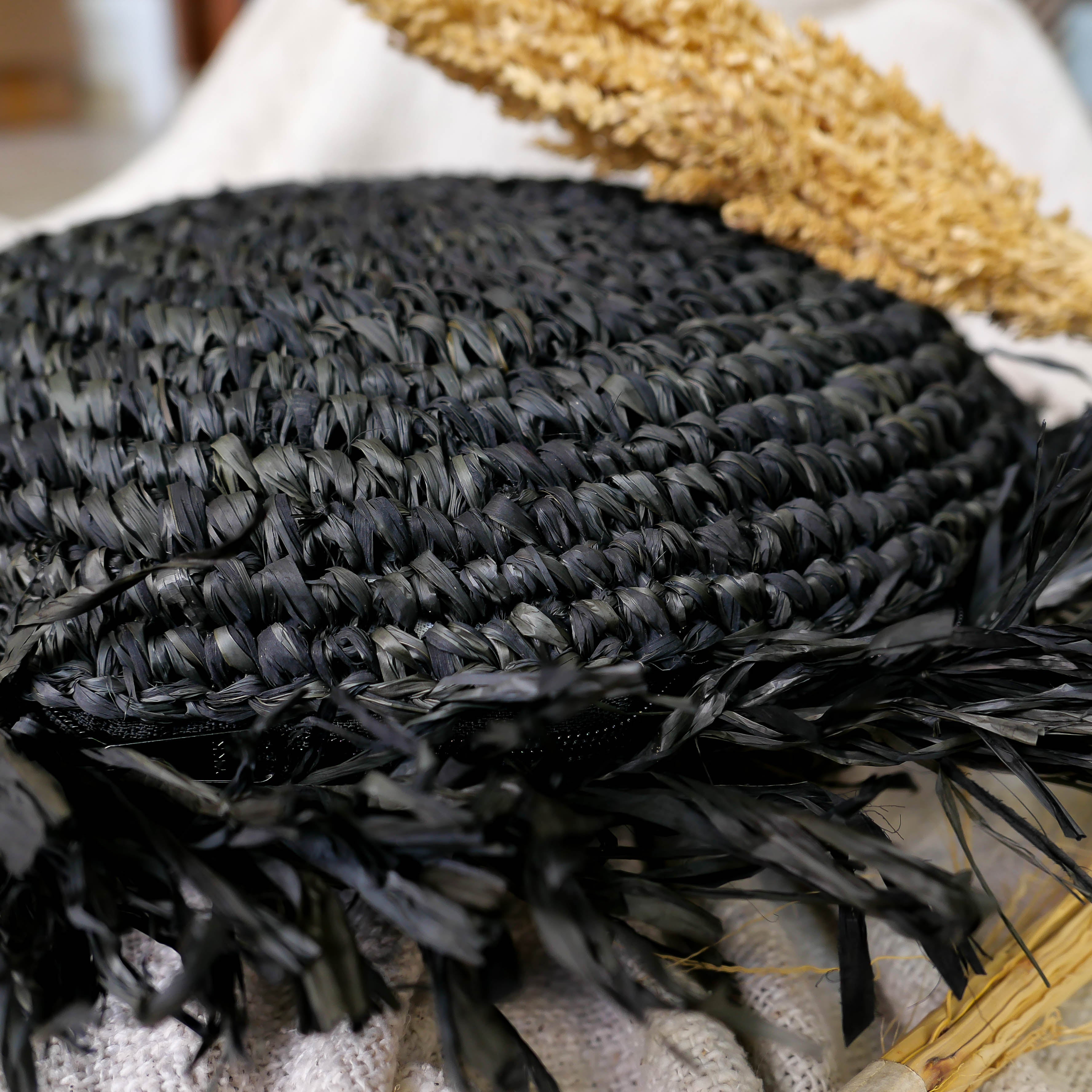 Sunda - Black round raffia pillow cover with fringe - Joglo Living