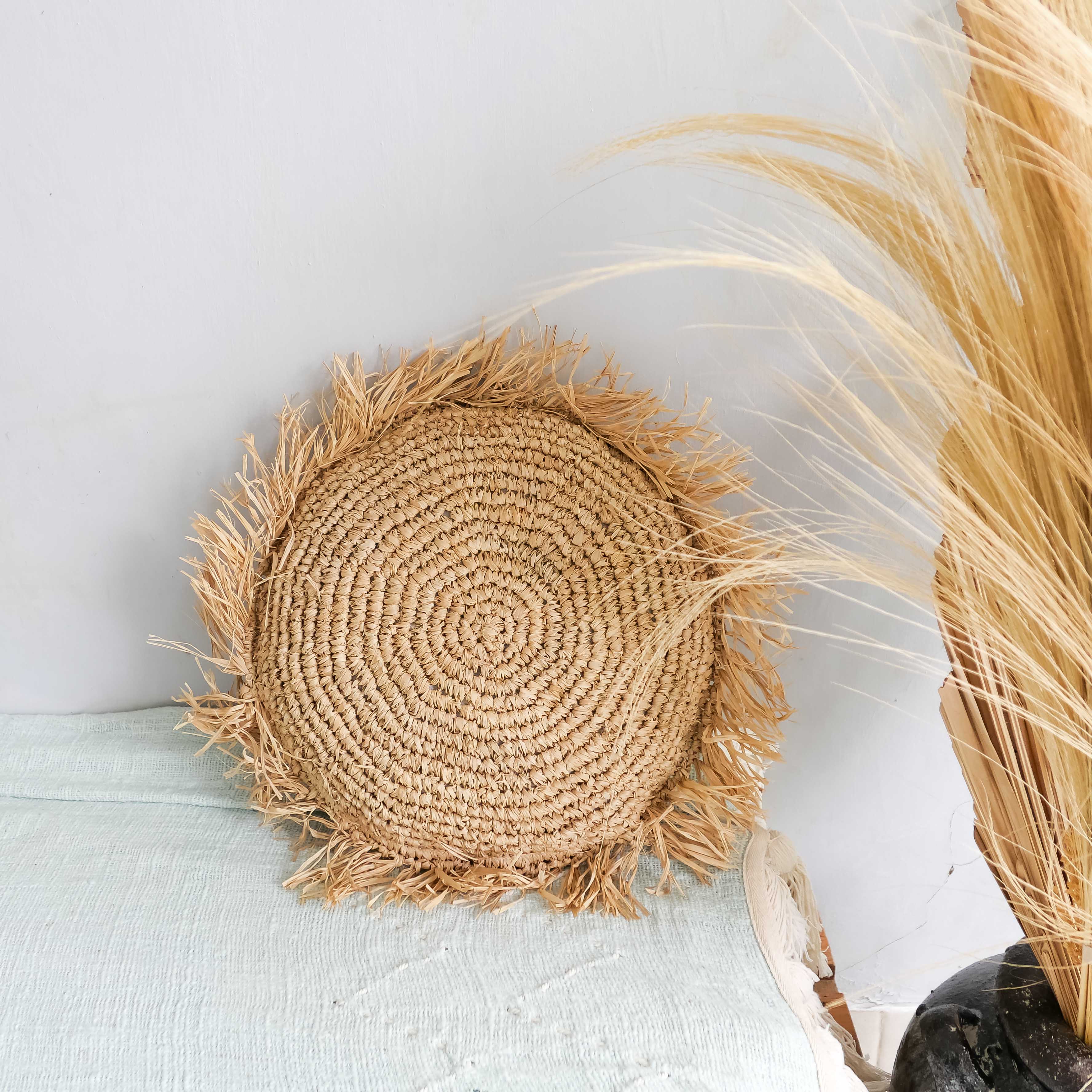 Sunda - round raffia pillow cover with fringe - Joglo Living