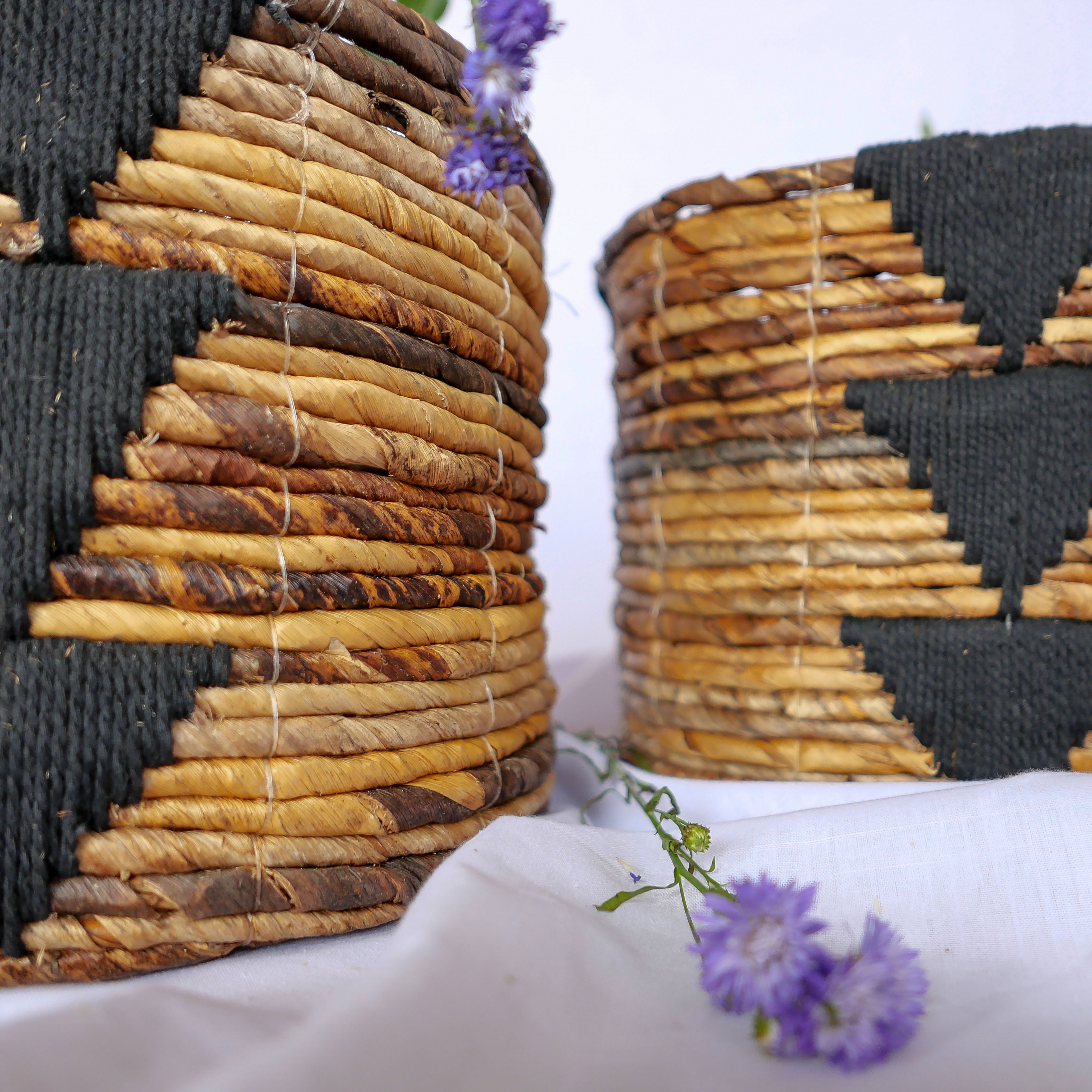 Banana Bark And Black Macrame Basket Set - Basket Set | Joglo Living