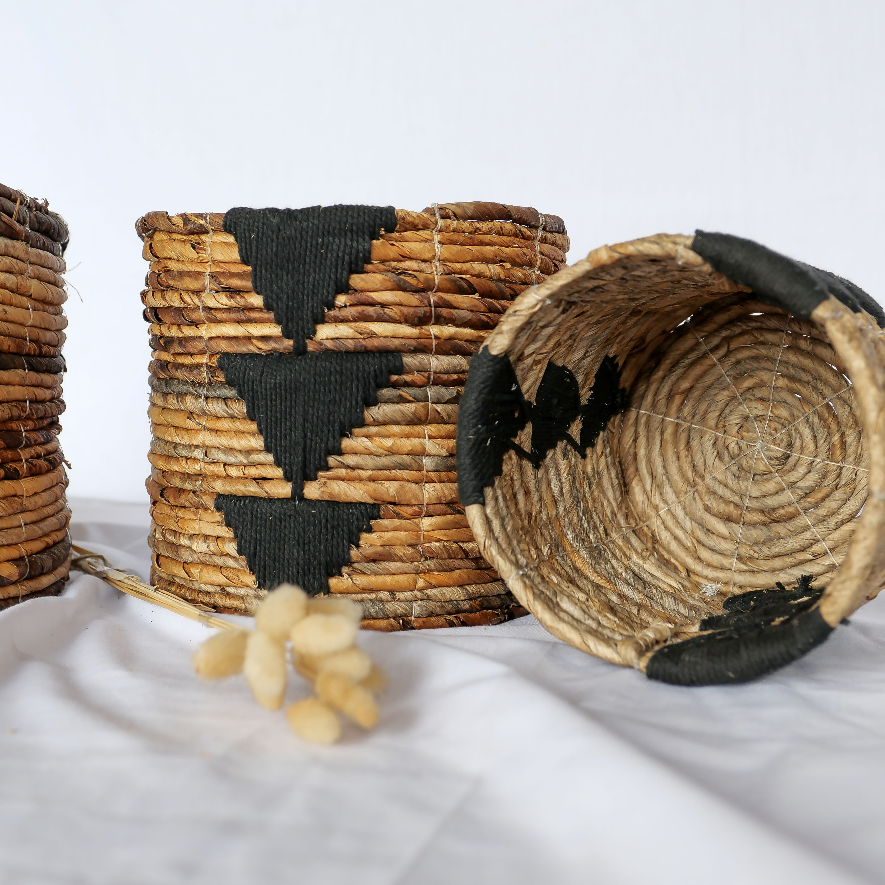 Banana Bark And Black Macrame Basket Set - Basket Set | Joglo Living