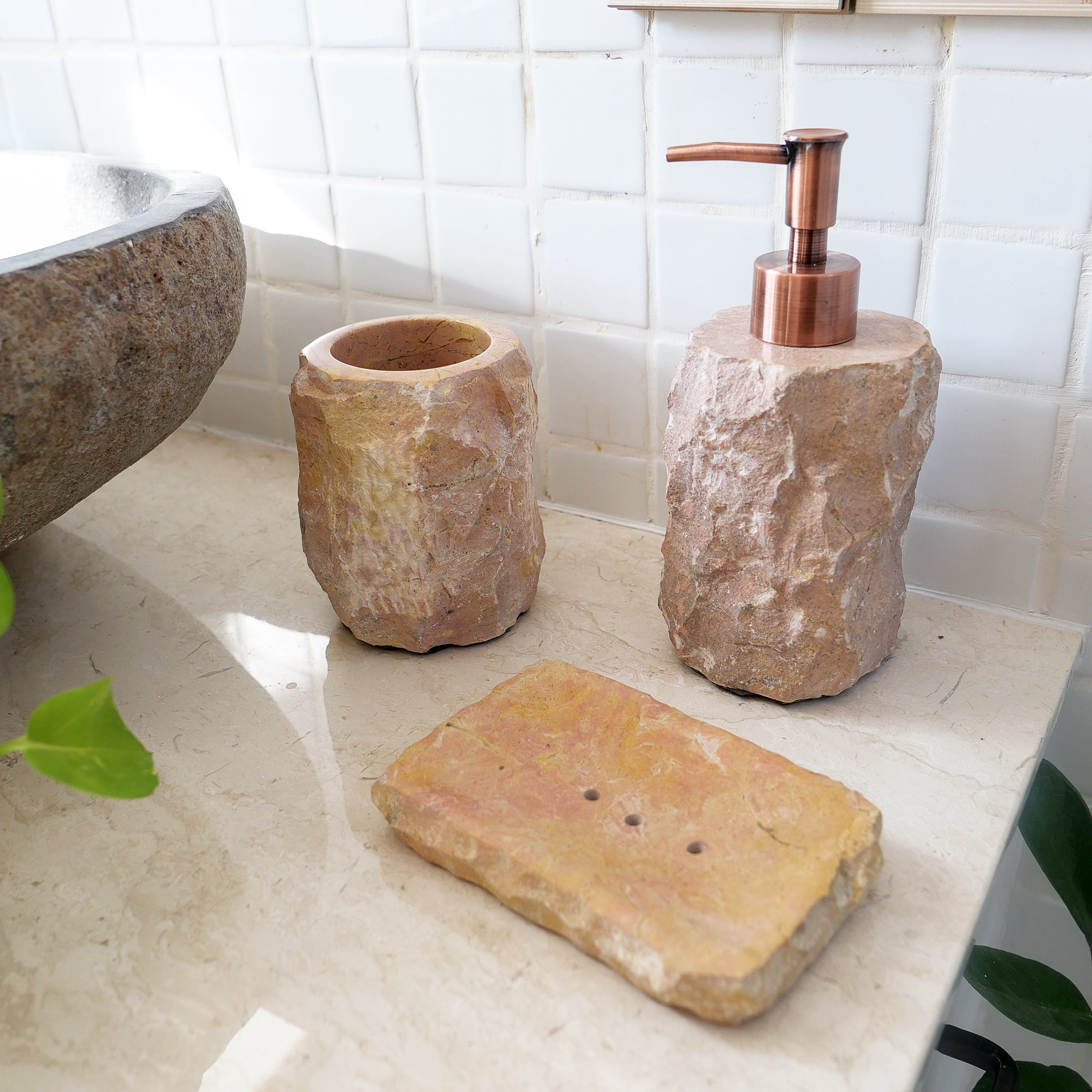 Marble bathroom accessories set pink rustic