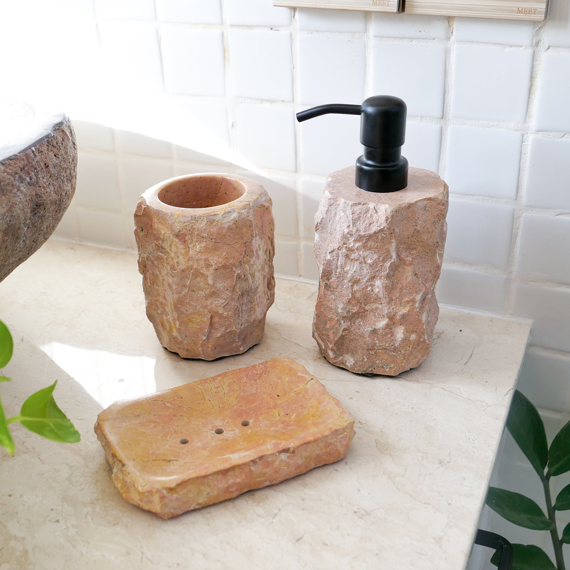 Marble bathroom accessories set pink rustic