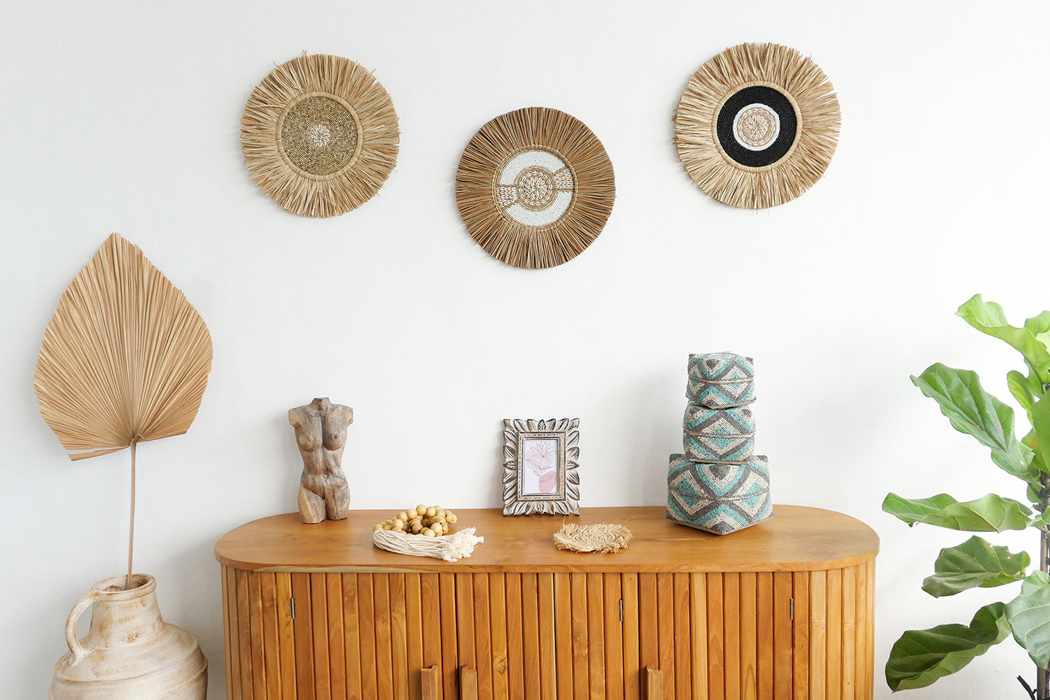 Water hyacynth and cowrie shell wall decor set of 3