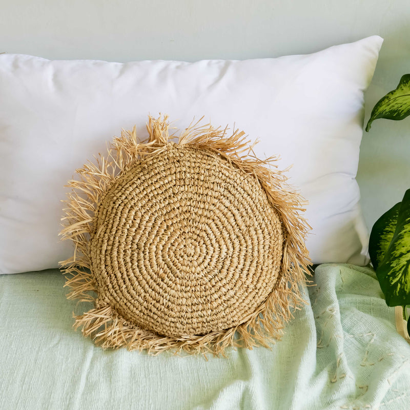 Sunda - round raffia pillow cover with fringe - Joglo Living