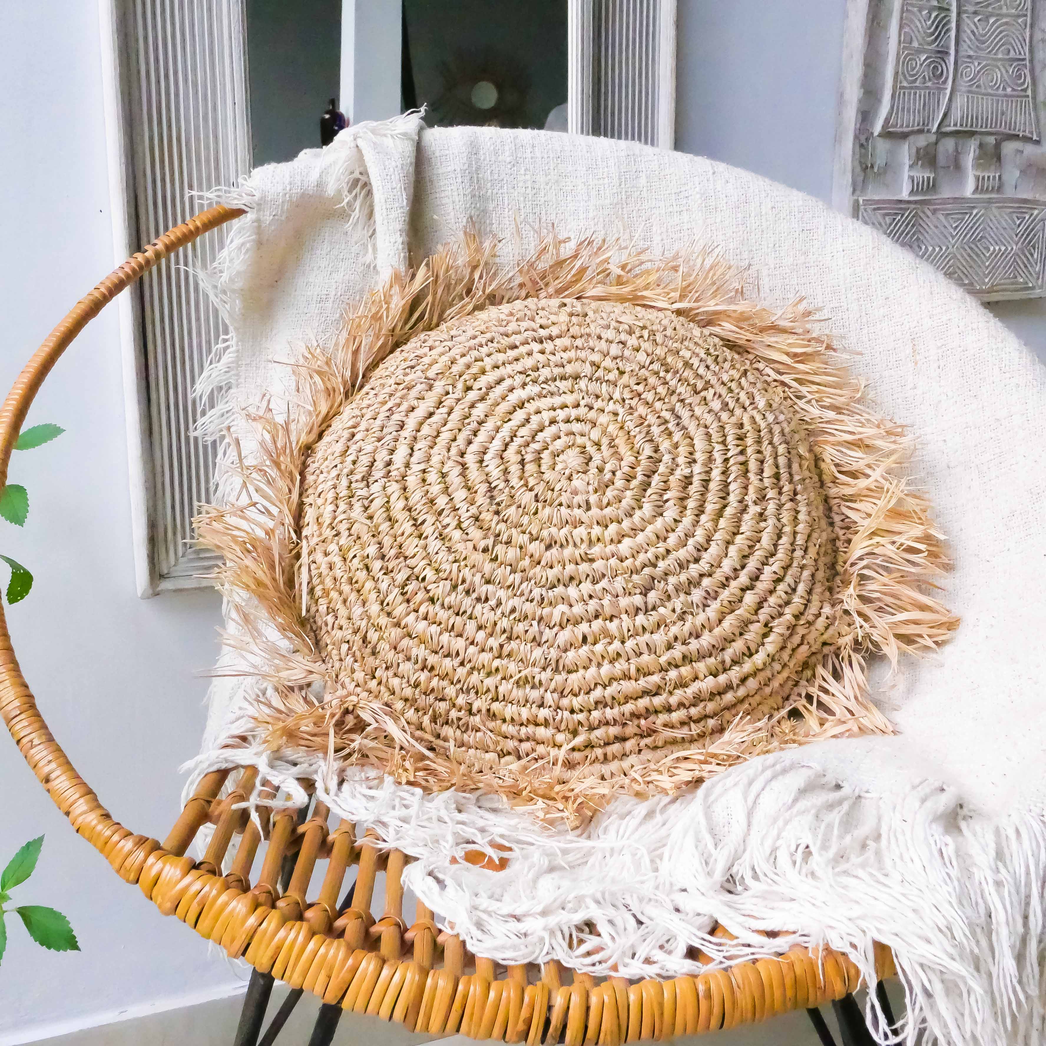 Sunda - round raffia pillow cover with fringe - Joglo Living